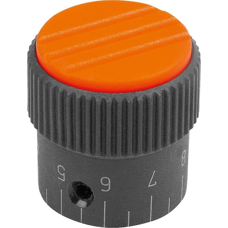 Knurled Knob W.Scale Size:3, D1=34, H=36, D=8, Form:C, Plastic Black Ral7021, Cap:Orange Ral 2004